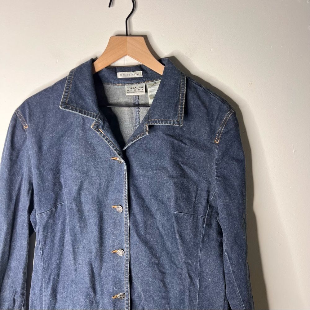 Villager Sport Dark Blue Jean Jacket with Belt Chore Pockets XL Vintage Denim - Picture 4 of 9